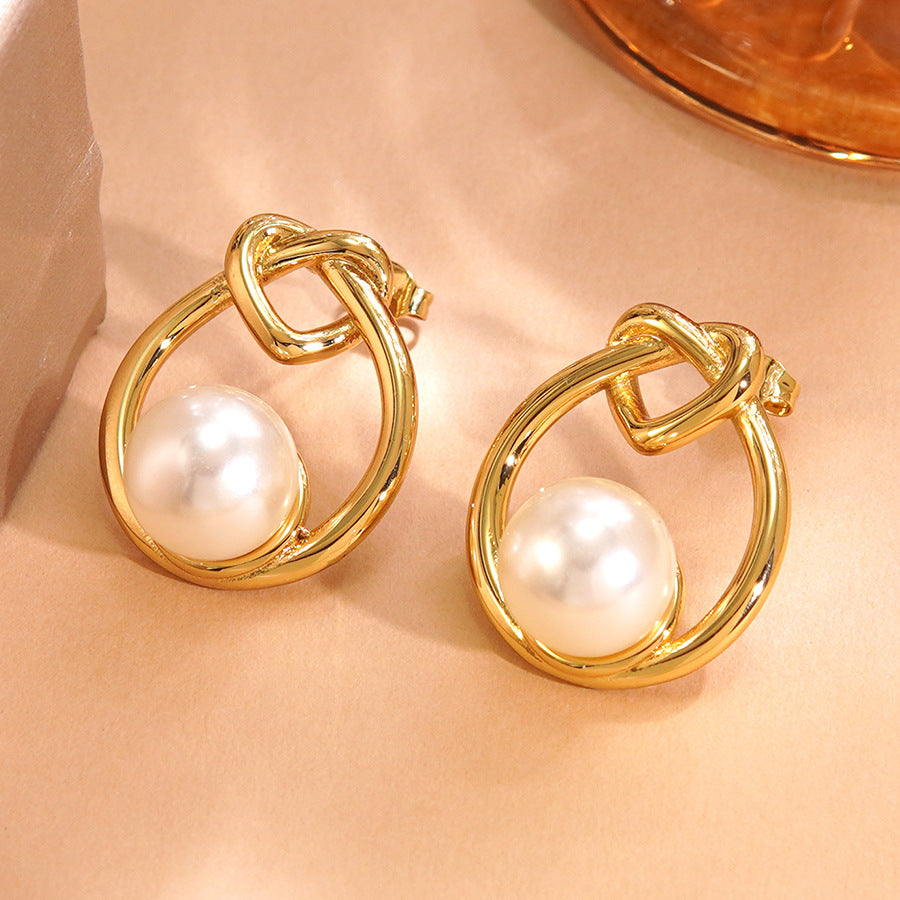 Elegant Minimalist Geometric Heart Knot Stainless Steel Stud Earrings with Pearl Inlay