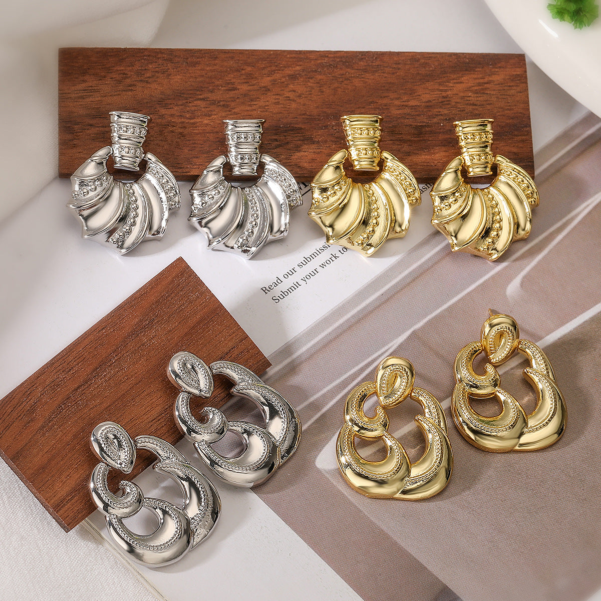 Irregular Geometric Earrings for Women in Copper with Gold Plating, Fashionable Minimalist Design