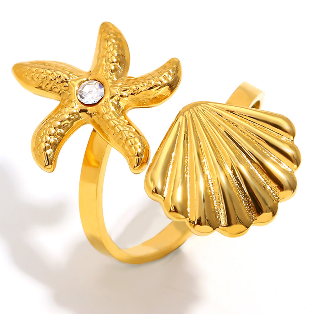 Anillo de Corazón Abierto de Acero Inoxidable con Baño de Oro de 18K y Motivo de Concha, Estilo Vacacional Oceánico y de Moda