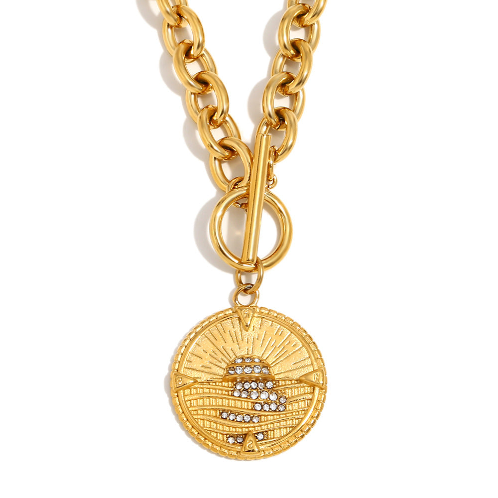 Vintage Fashion Geometric Stainless Steel Plated 18K Gold Round Pendant Necklace for Women with OT Clasp