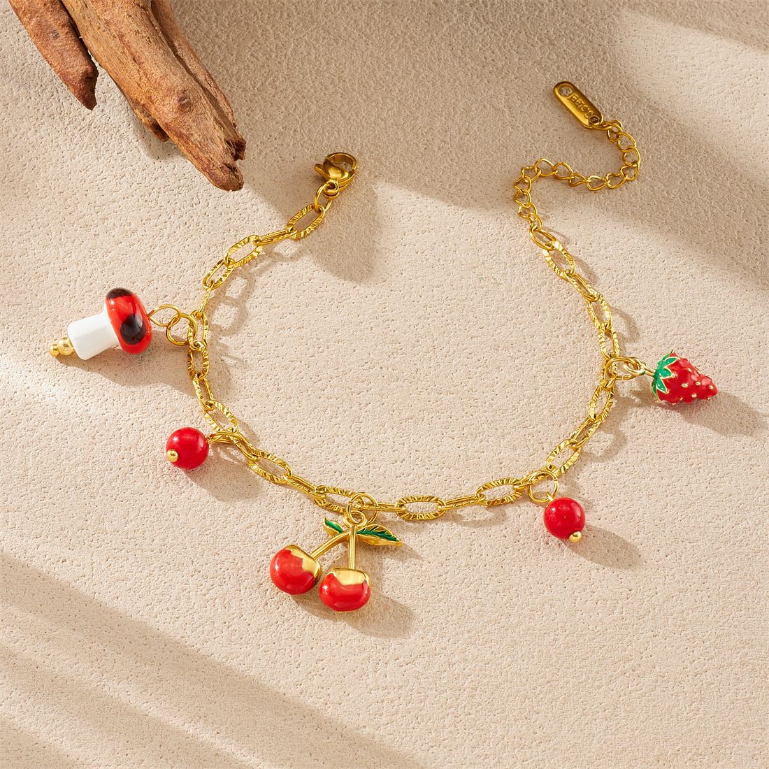 Sweet Gold Plated Drip Oil Cherry Strawberry Mushroom Pendant Bracelet