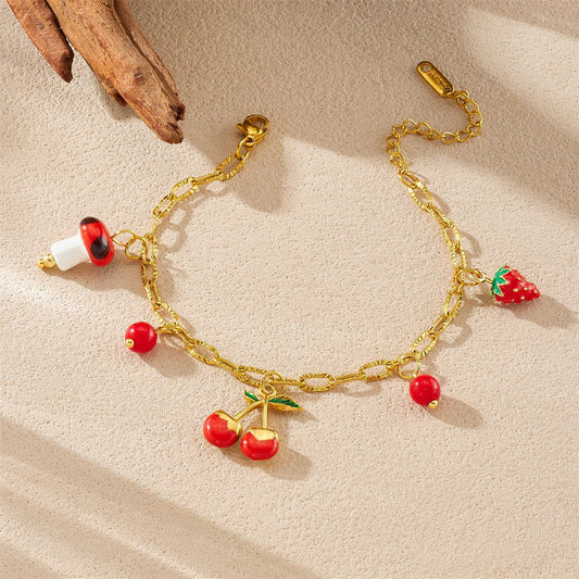 Sweet Gold Plated Drip Oil Cherry Strawberry Mushroom Pendant Bracelet