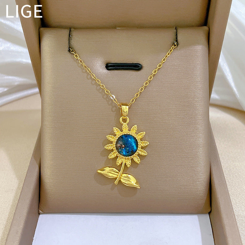 Sweet Minimalist Leaf Flower Moon Rhinestone Titanium Steel Necklace for Unisex