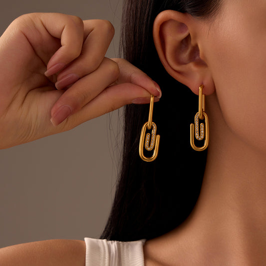 Fashion 18K Gold Plated Stainless Steel Paperclip Pendant Earrings with Rhinestone for Women
