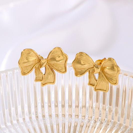 Elegant Bowknot-Shaped Stainless Steel Earrings with 18K Vacuum Plating for Women — Minimalist Geometric Design, Delicate and Versatile Fashion Jewelry
