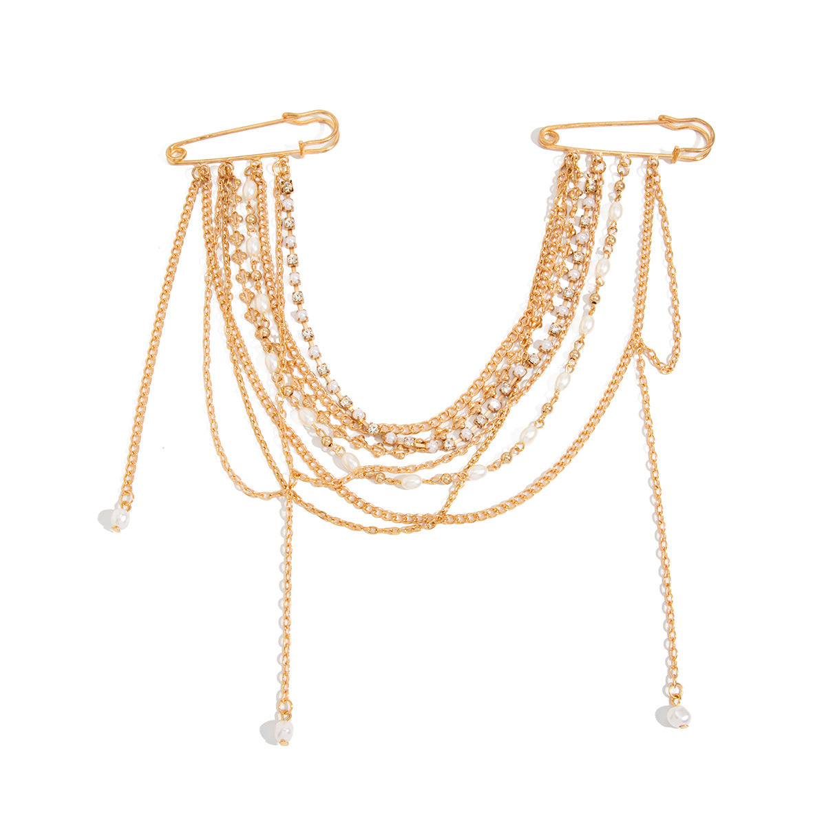 Chic Luxury Geometric Round Pearl Plated Iron Chain Tassel Brooch for Women