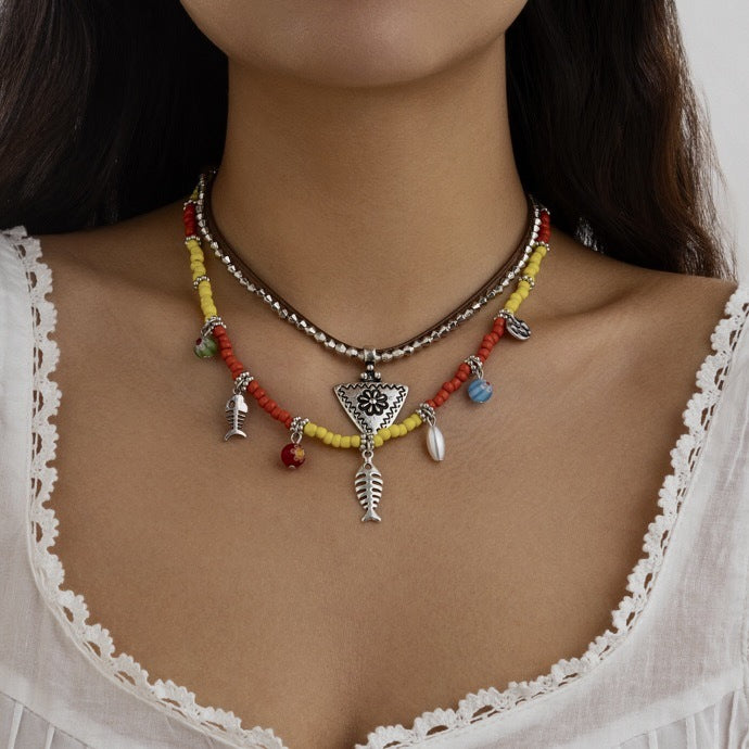 Vintage Bohemian Sweet Geometric Alloy Resin Leather Beaded Necklace for Women