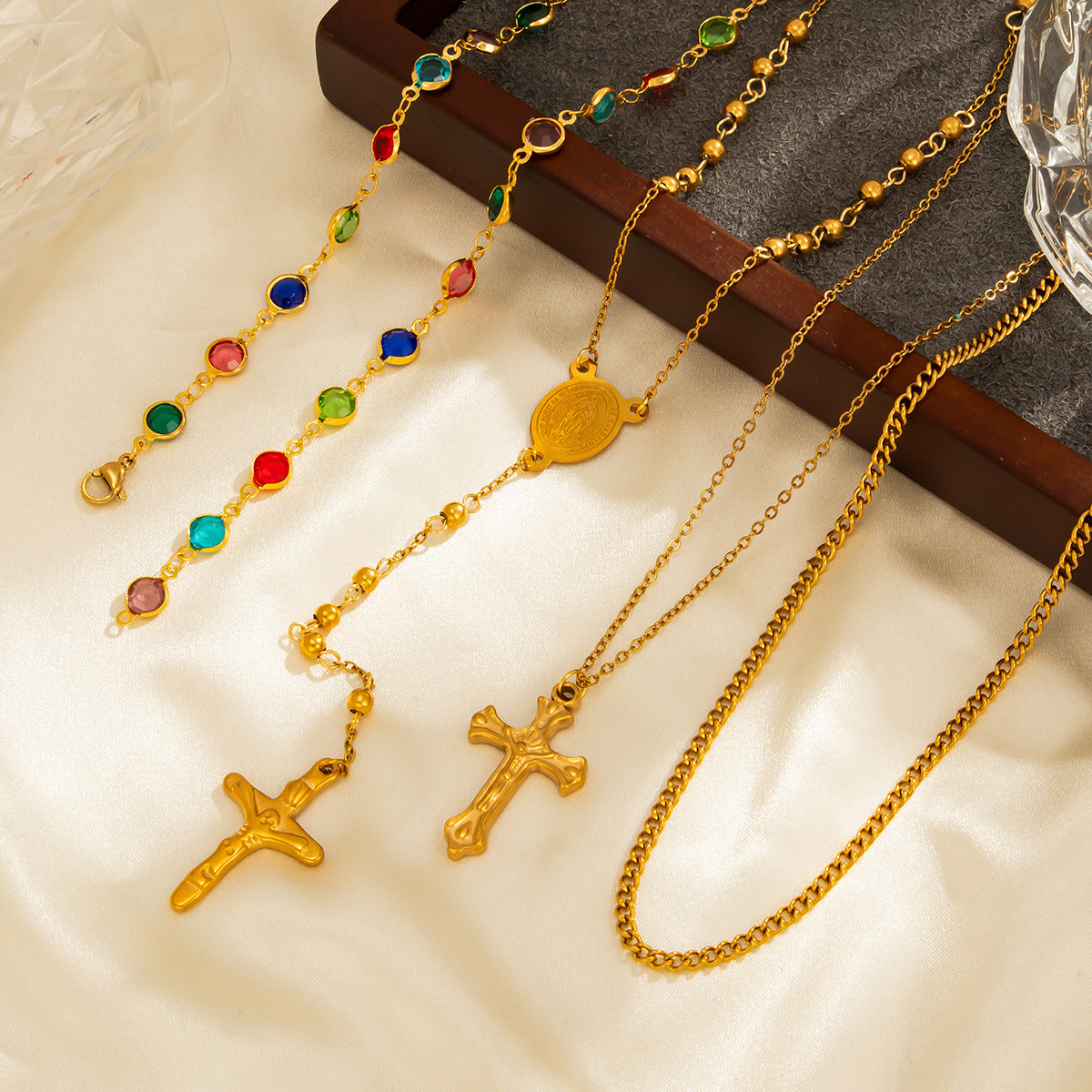 Hip-hop Cross Pendant Stainless Steel Necklace with Crystal Colorful Chain for Women