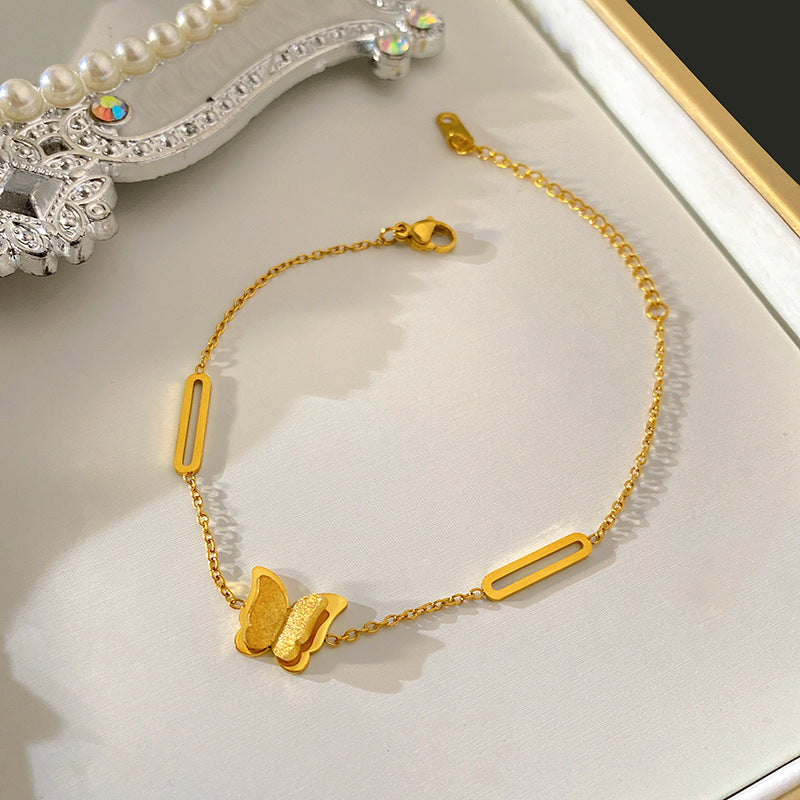 Minimalist Sweet Butterfly Square Box Chain Bracelet Titanium Steel Plated Unisex Jewelry