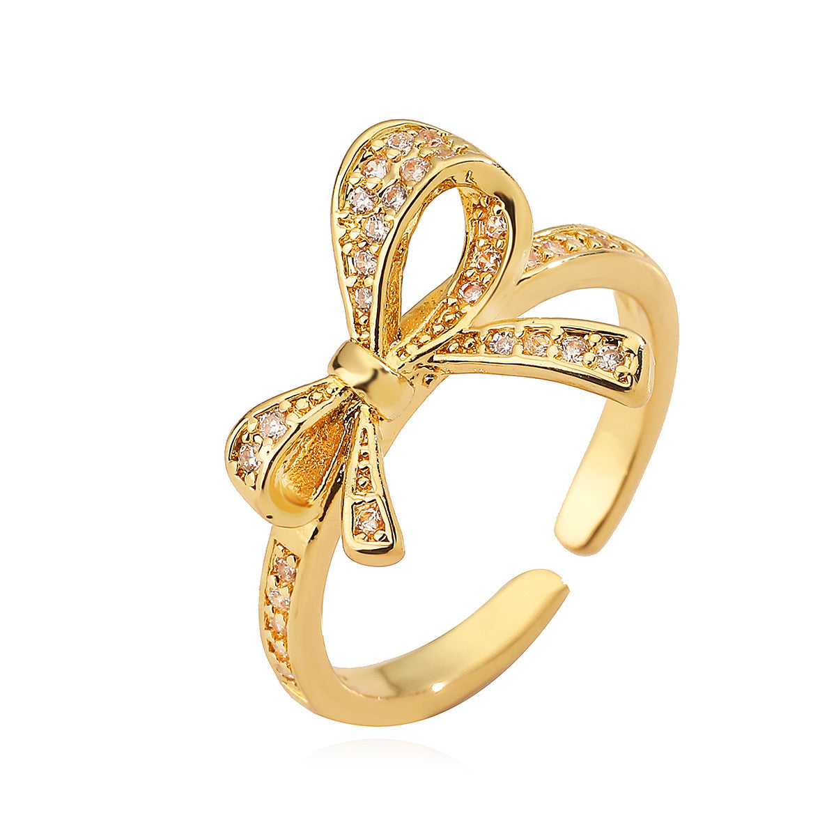 Sweet 18K Gold Plated Brass Geometric Bow Knot Ring with Cubic Zirconia for Women
