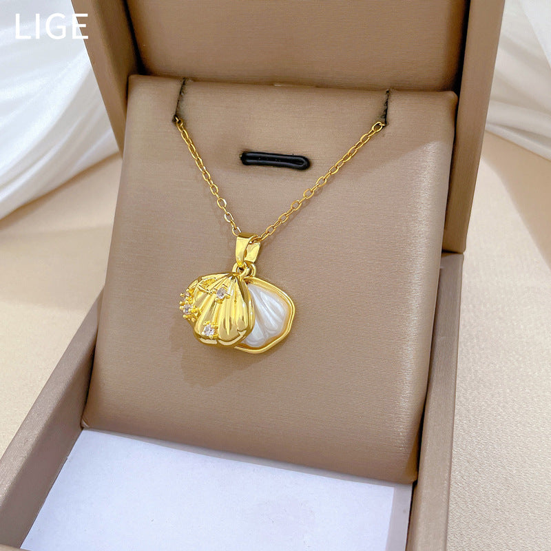 Sweet Minimalist Geometric Moon Pearl Shell Rhinestone Pendant Necklace Titanium Steel Cable Chain for Unisex