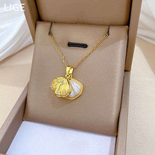 Sweet Minimalist Geometric Moon Pearl Shell Rhinestone Pendant Necklace Titanium Steel Cable Chain for Unisex
