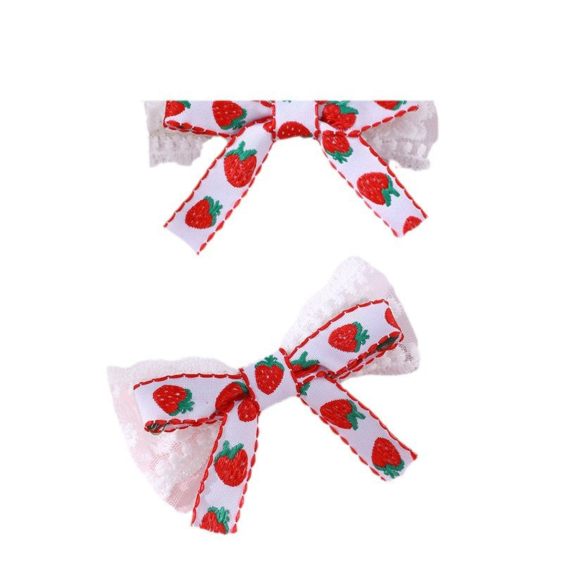 Natural Style Bow-Shaped Hair Clip Set for Kids with Red Satin Ribbon and Strawberry Embroidery Design