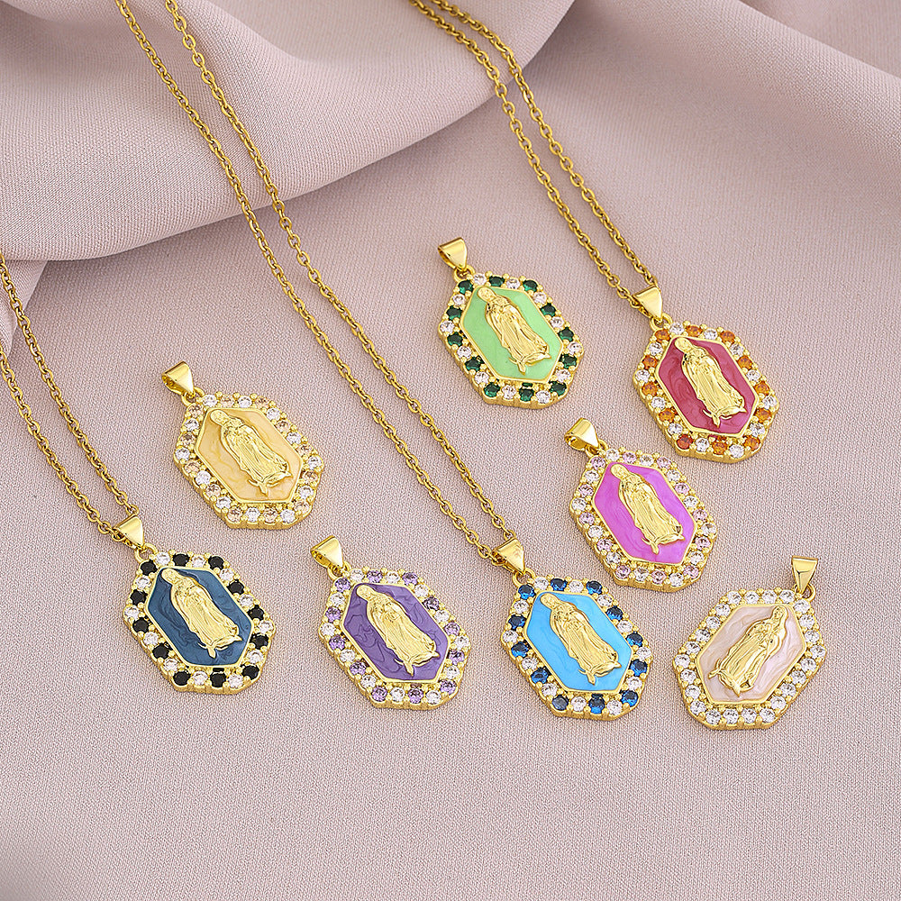 Collana con Pendente Vintage in Smalto e Zirconia dalla Forma Geometrica con Catena a Maglie per Unisex