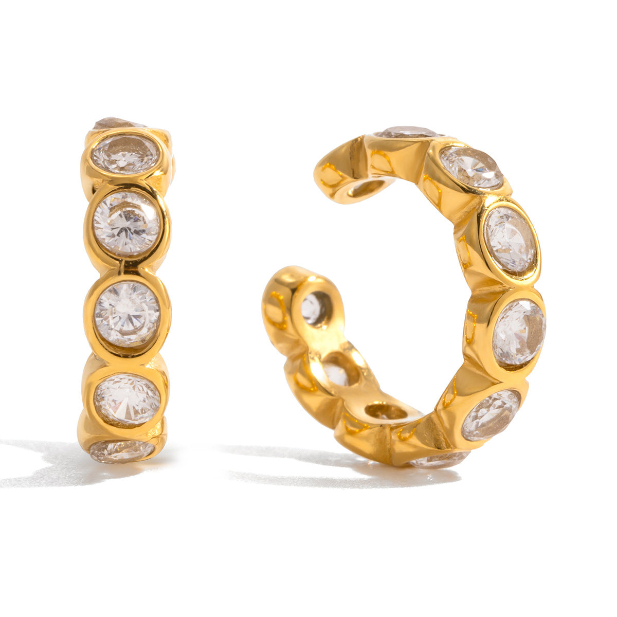 Orecchini a Clip di Lusso da Donna Geometrici in Acciaio Inossidabile con Strass Intarsiati