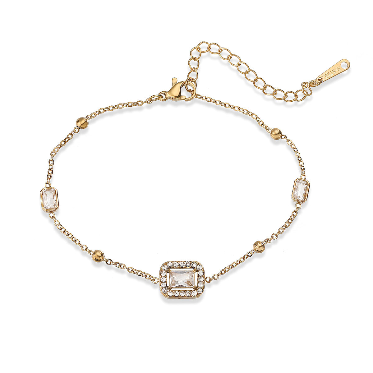 Minimalist Luxury 18K Gold Plated Geometric Stainless Steel Bracelet with Cubic Zirconia for Women