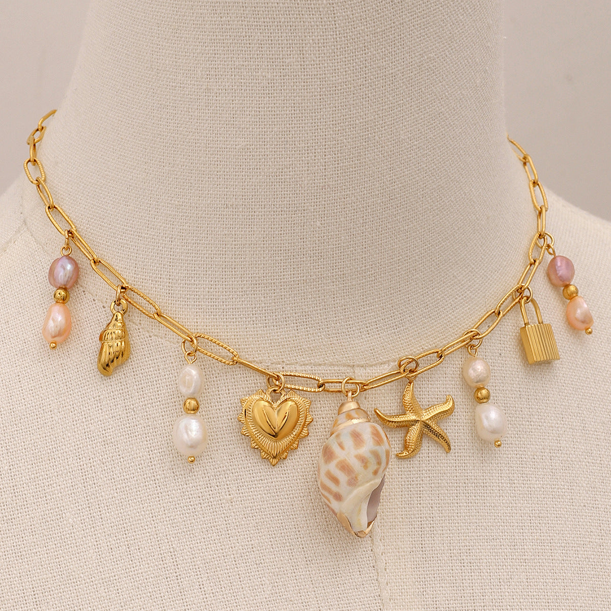 Sweet and Fresh Heart-Shaped Stainless Steel Pendant Necklace with Mother-of-Pearl Inlay, Seashell and Starfish Motifs, Adjustable Length