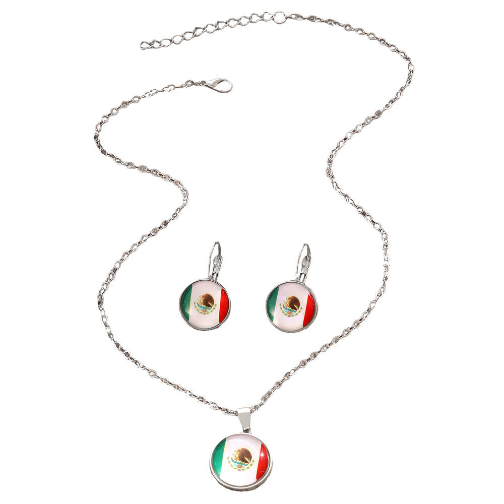 Set Collana e Orecchini Placcati in Lega di Zinco con Motivo a Bandiera Rotonda e Catenina