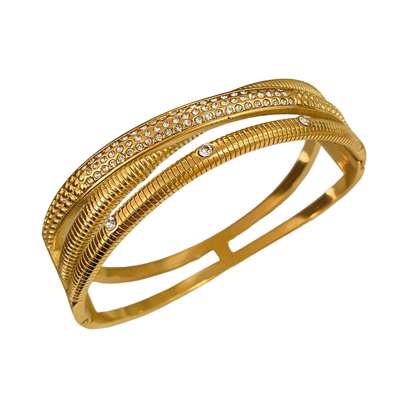 Three-Layer Cross Oval Geometric Cubic Zirconia Plated Titanium Steel Bracelet