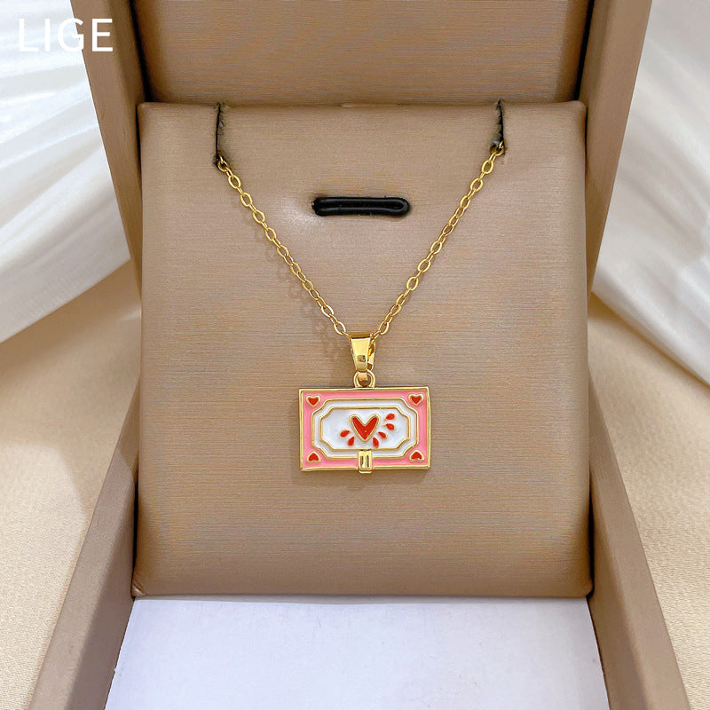 Minimalist Heart-Shaped Enamel Titanium Steel Necklace for Women with Delicate Clavicle Chain and Moon Motif