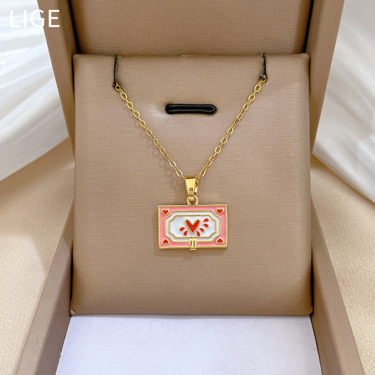 Collar Minimalista de Acero de Titanio con Esmalte en Forma de Corazón para Mujer, con Delicada Cadena de Clavícula y Motivo Lunar