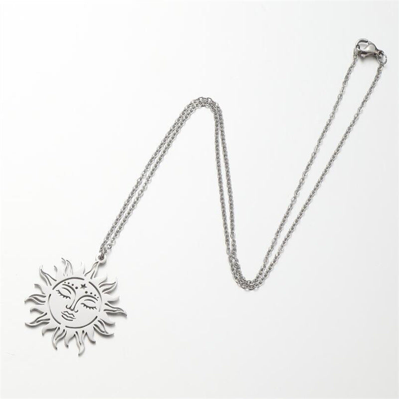 Elegant Greek Sun Goddess Pendant Necklace in Stainless Steel with Polished Finish, Geometric Design, Floral Daisy Motif, for Women