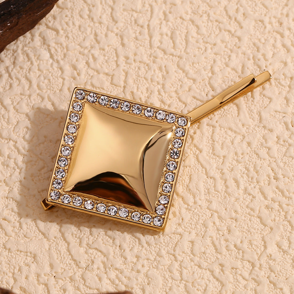 Minimalist Geometric Square Hair Clip in Stainless Steel with 18K Gold Plating and Rhinestone Accents
