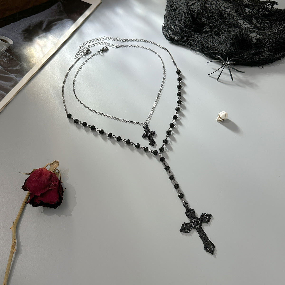 Gothic Sweet Cross Pendant Necklace Iron Alloy Plated Curb Chain Women Jewelry