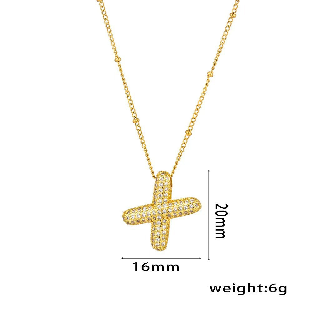 Collana con ciondolo a lettera in zirconi micro-pavé placcato oro 18 carati, catena di perline in acciaio inossidabile/acciaio al titanio, gioielli unisex alla moda per pendolari