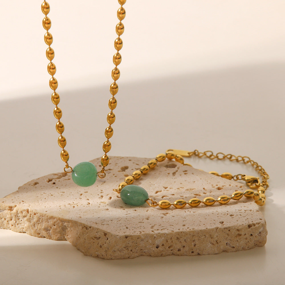 Retro French Style Geometric Green Natural Stone Bracelet and Necklace with Stainless Steel Chain and Gold Beads