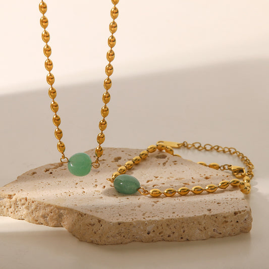 Retro French Style Geometric Green Natural Stone Bracelet and Necklace with Stainless Steel Chain and Gold Beads