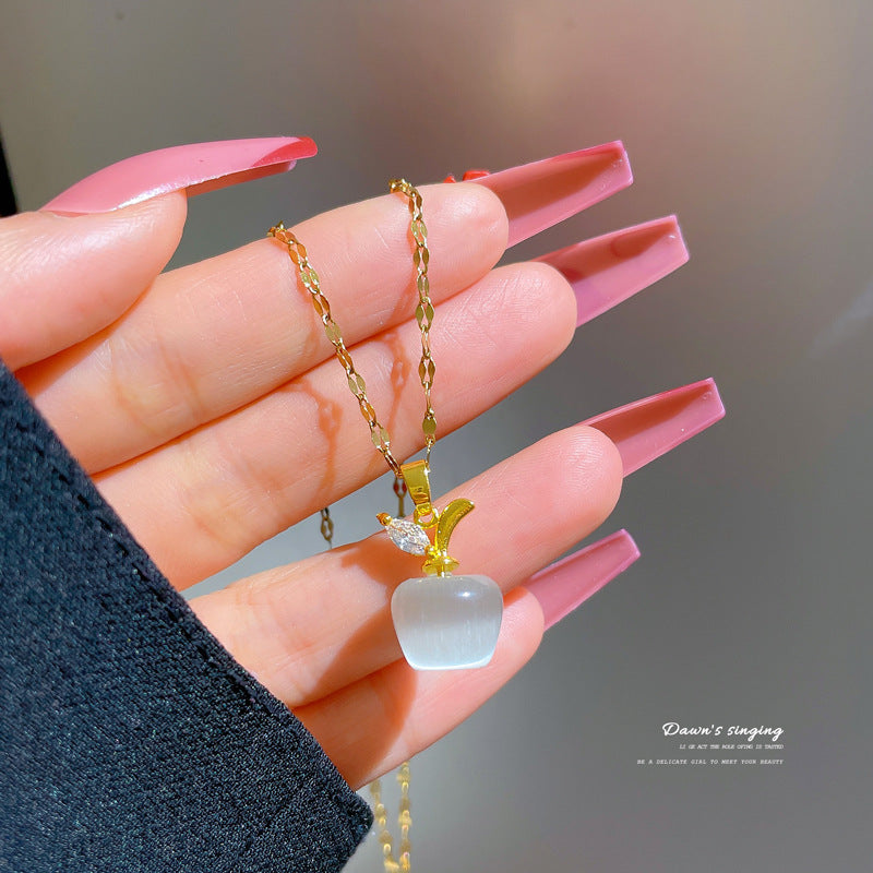 Cartoon Fresh and Sweet Titanium Steel Geometric Apple Pendant Necklace with Rhinestone Inlay
