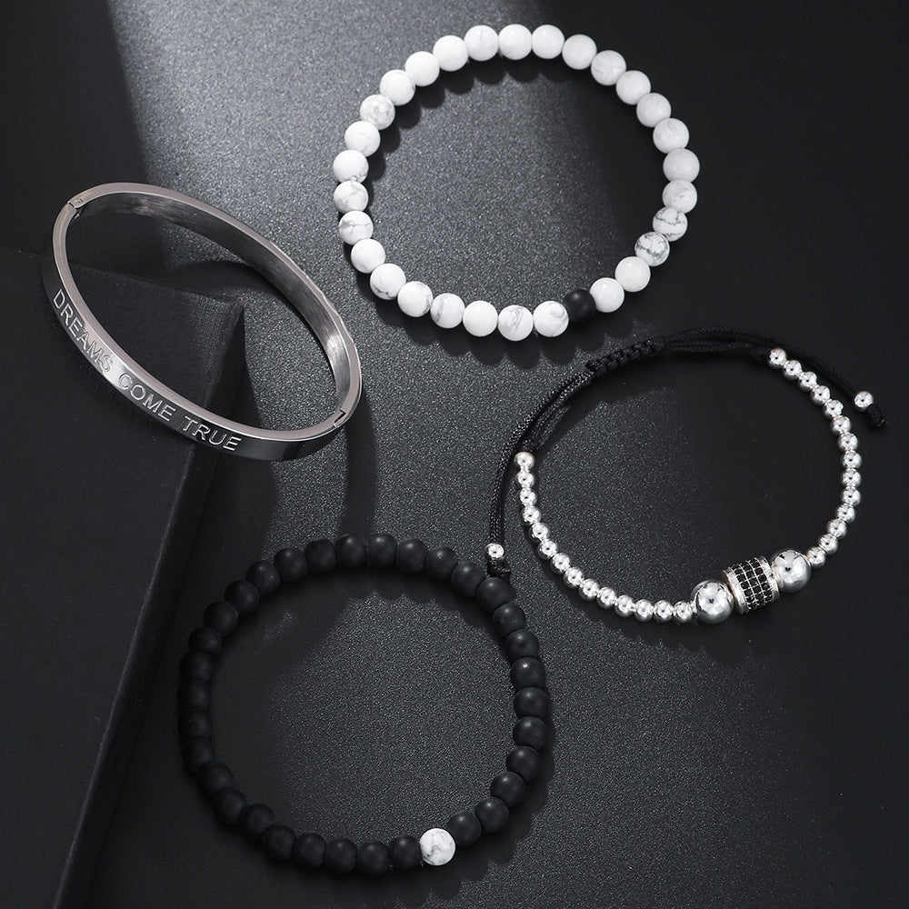 8mm Geometric Round Stainless Steel Bracelet Set with Turquoise and Rhinestone Inlay for Unisex