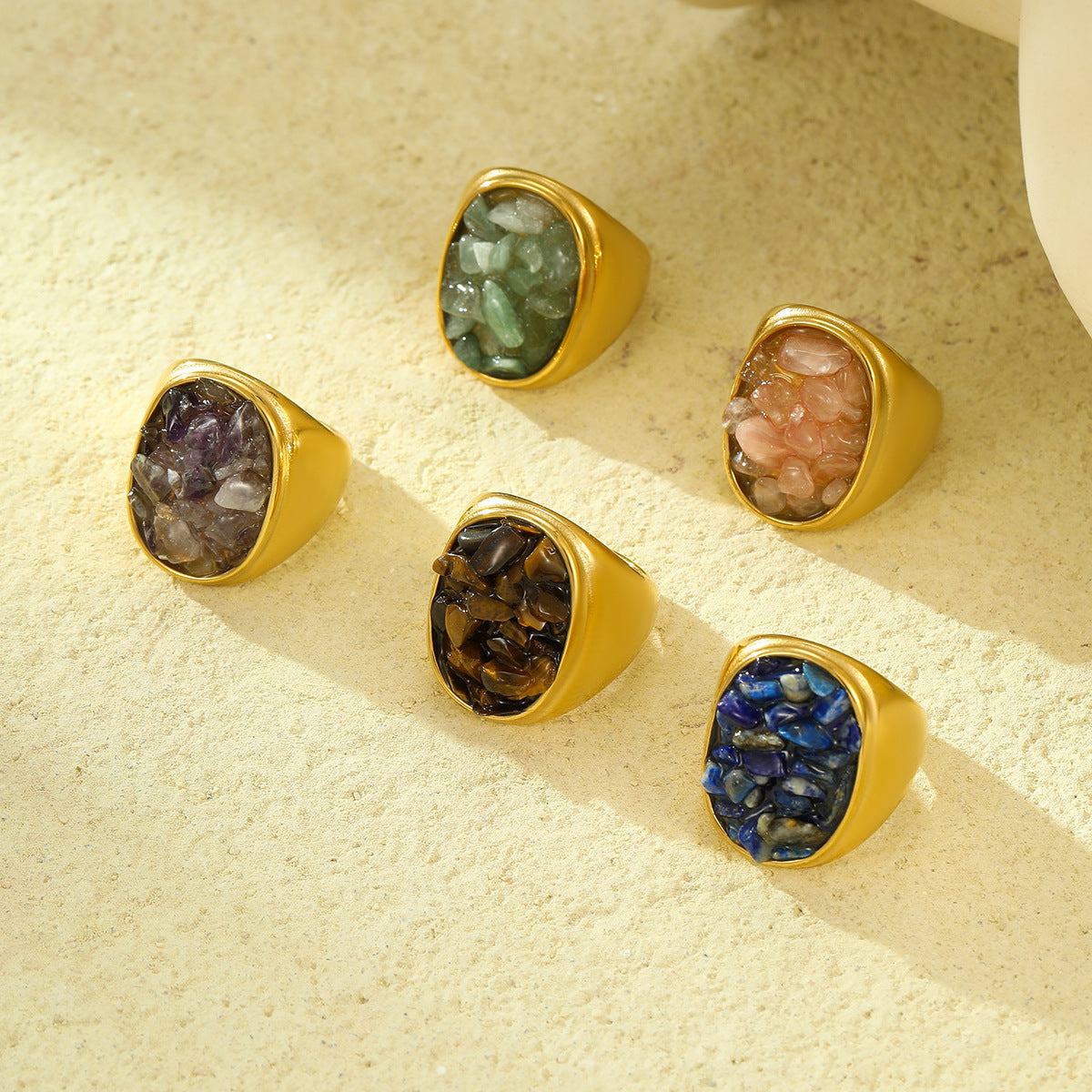 Anillo de Acero Inoxidable Geométrico Minimalista Vintage con Incrustaciones de Piedra Natural Bañado para Mujer