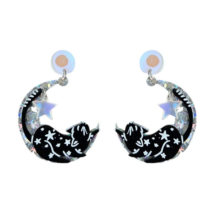 Vintage Halloween Acrylic Earrings with Zodiac Moon and Black Cat Design for Women