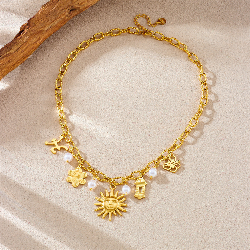 Chic Gold Plated Stainless Steel Sun Flower Geometric Pearl Pendant Necklace Cable Chain for Women
