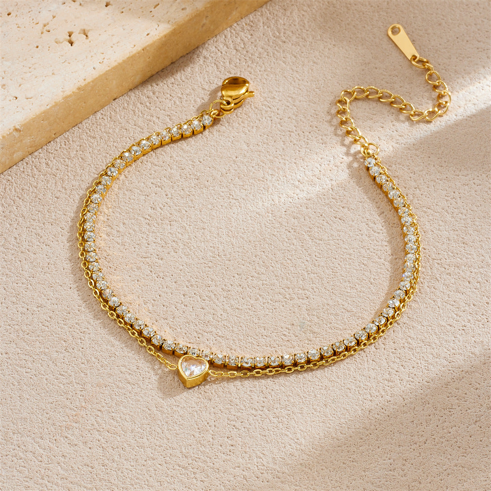 Minimalist Sweet Rhinestone Inlaid Star Heart Stainless Steel Double Layer Bracelet
