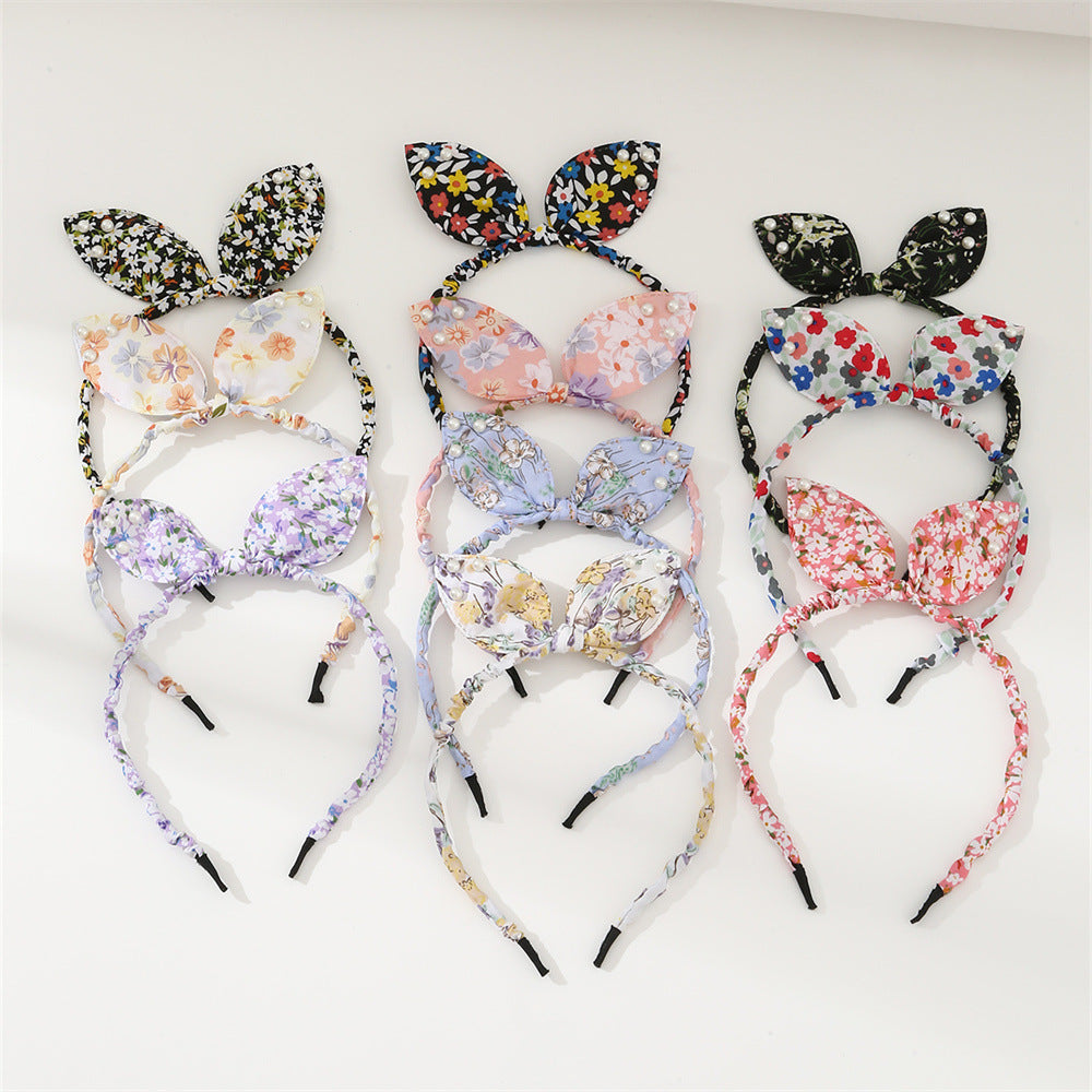 Bonito conjunto de diademas en forma de lazo para niñas con banda de tela y adornos de perlas, patrón floral estilo princesa