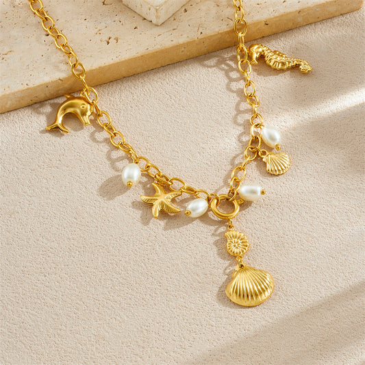Chic Gold Plated Stainless Steel Starfish and Seahorse Necklace for Women