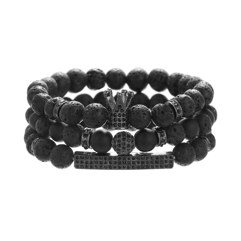 Sporty Micro-pave Cubic Zirconia Crown Elastic Braided Bracelet Set with Tiger Eye and Lava Stone for Unisex