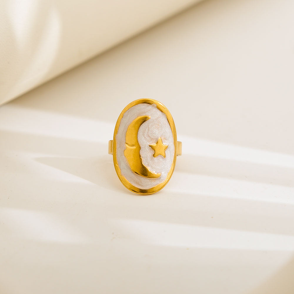 Anello Geometrico Rotondo in Acciaio al Titanio con Smalto Bianco e Nero Stile Vintage Fascia Aperta Regolabile