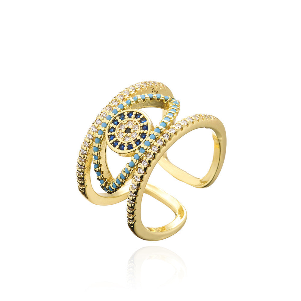 Vintage Elegant 18K Gold Plated Brass Geometric Micro-Inlaid Cubic Zirconia Evil Eye Open Ring for Women