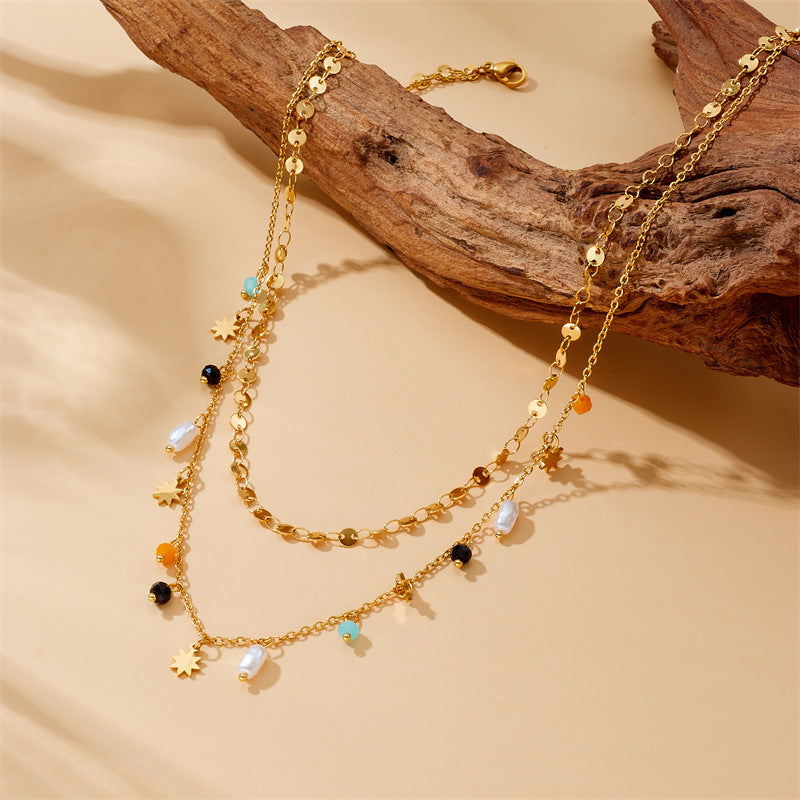 Collana Doppia Strati Impilabile con Ciondolo a Stella Geometrica e Perline Colorate Catena in Acciaio Inossidabile da Donna