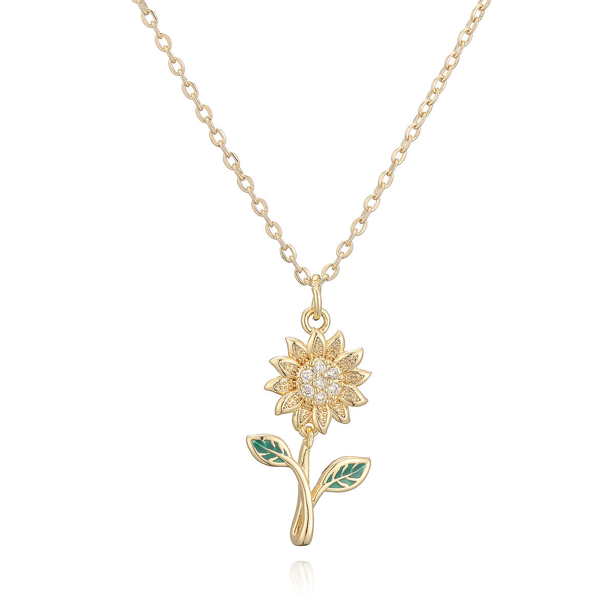 Minimalist 18K Gold Plated Brass Geometric Cubic Zirconia Sunflower Pendant Necklace for Women