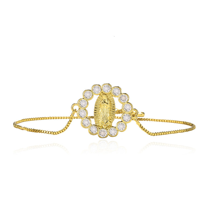 Vintage Bohemian Geometric Brass Micro-Inlaid Cubic Zirconia Virgin Mary Adjustable Bracelet