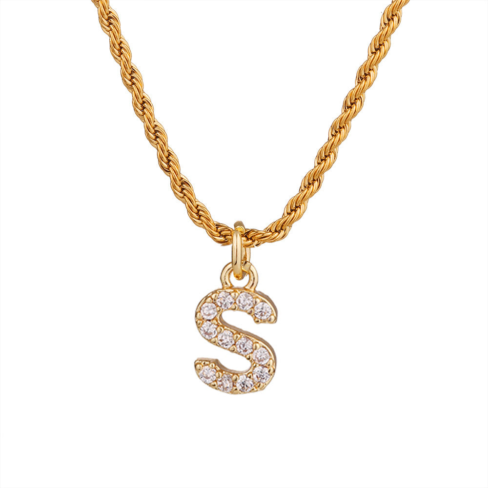 Collar con colgante de letra para mujer, minimalista, de moda, cadena trenzada de acero inoxidable con baño de oro e incrustaciones de circonita