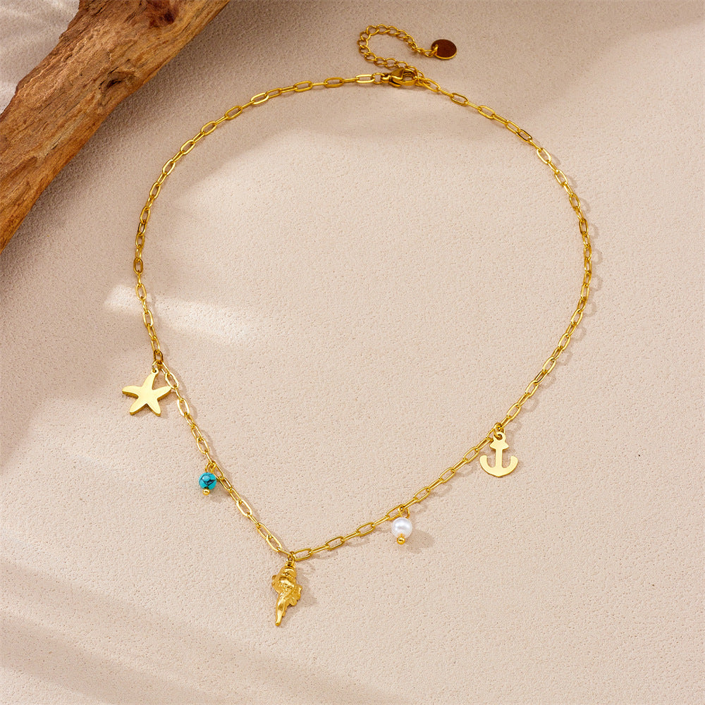 Minimalist Starfish Anchor Seashell Pendant Necklace in Stainless Steel with Plated Finish on Box Chain for Women