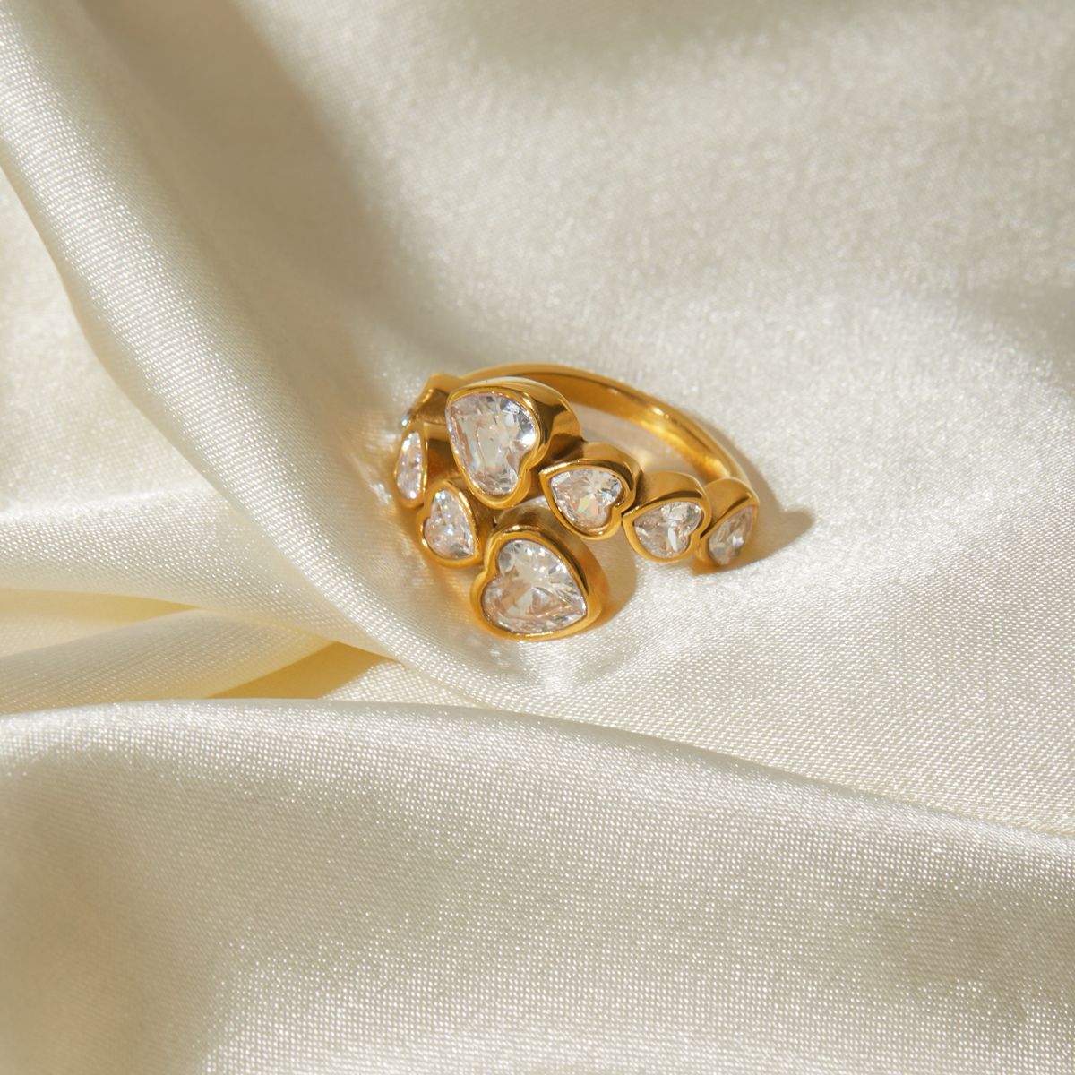 INS Style Heart-Shaped Titanium Steel Ring with 18K Gold Plating and Zircon Inlay, Adjustable Open Band