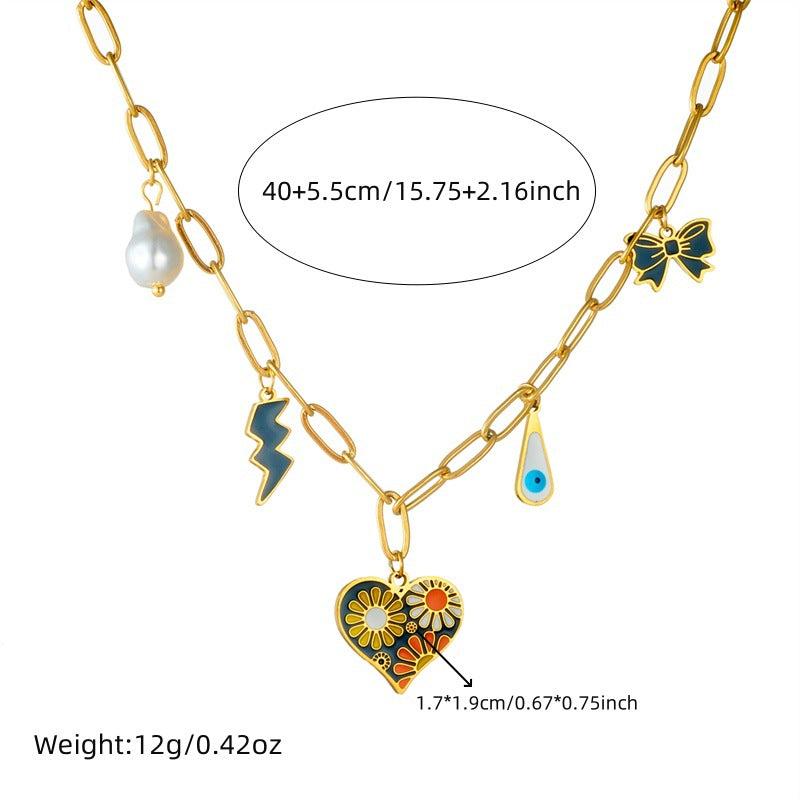 Fashion Drip Oil Plated Heart Butterfly Floral Stainless Steel Necklace with Cable Chain for Women