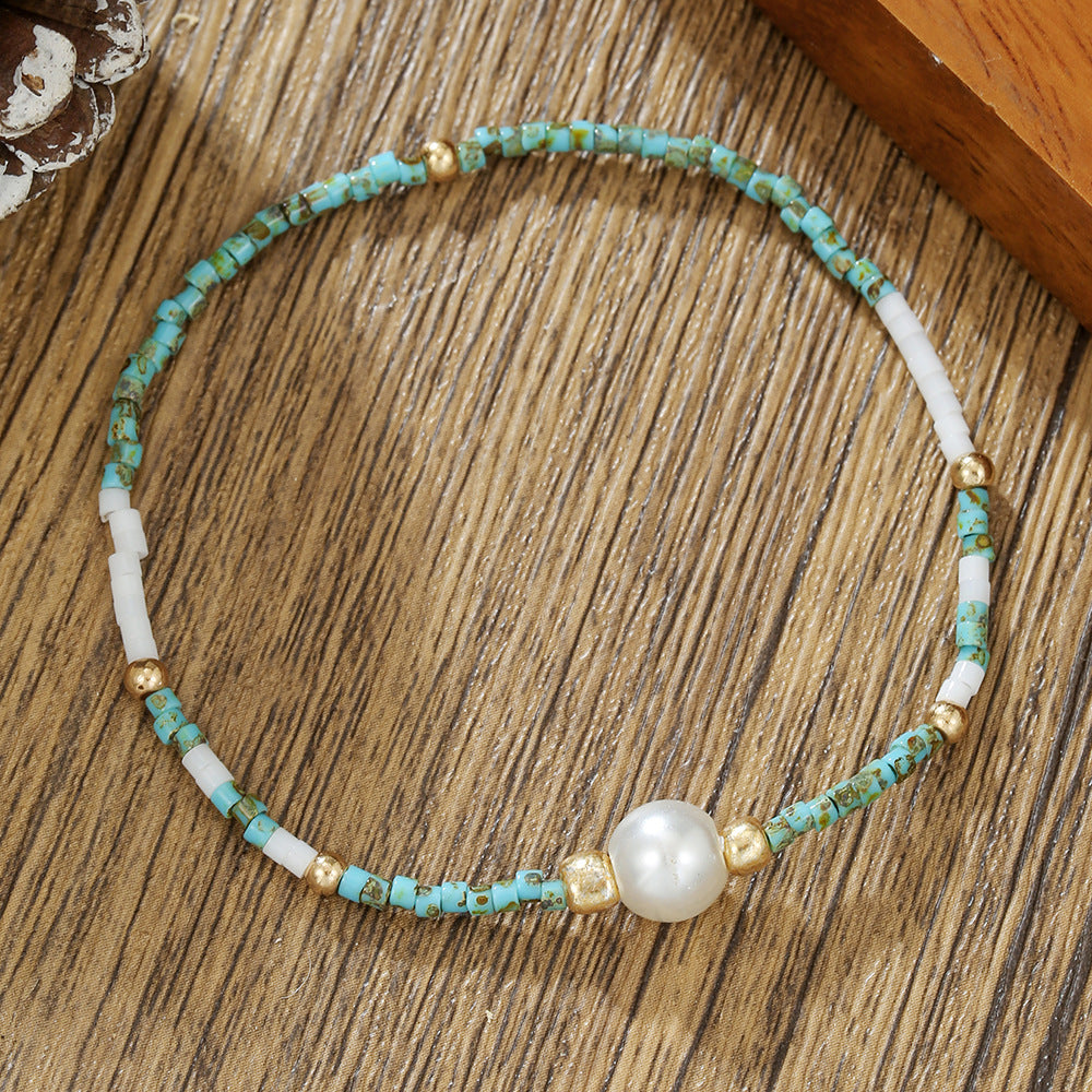 Bohemian Sweet Camouflage Geometric Round Glass Pearl Brass Beaded Bracelet for Women